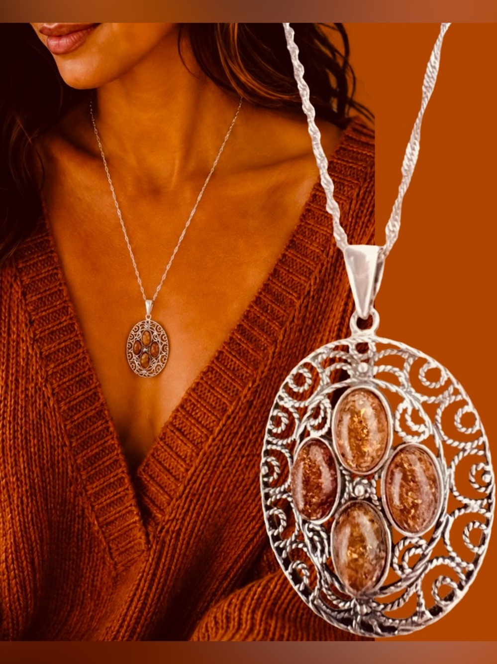 Vintage Set Italian Livior Sterling Silver 925 Necklace & Baltic Amber Pendant